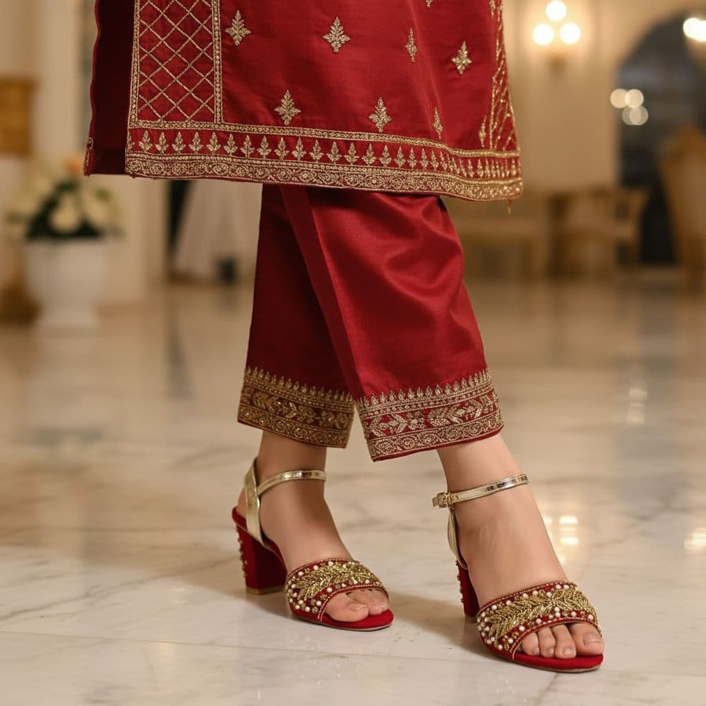 Red Bridal Fancy Back & Front Karhai Block Heel Sandals.