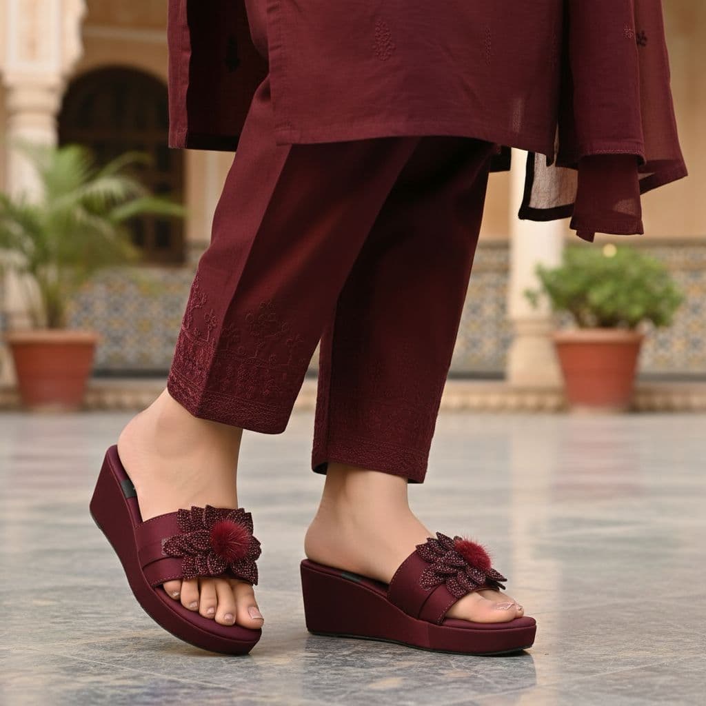 Wedge Chappal with a floral embellishment.