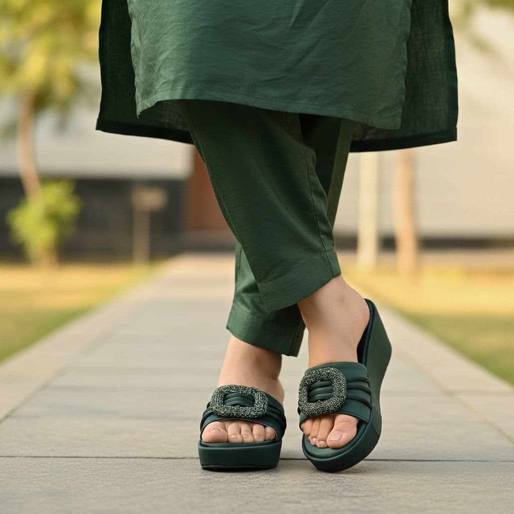 Platform Slippers With a Decorative Buckle.
