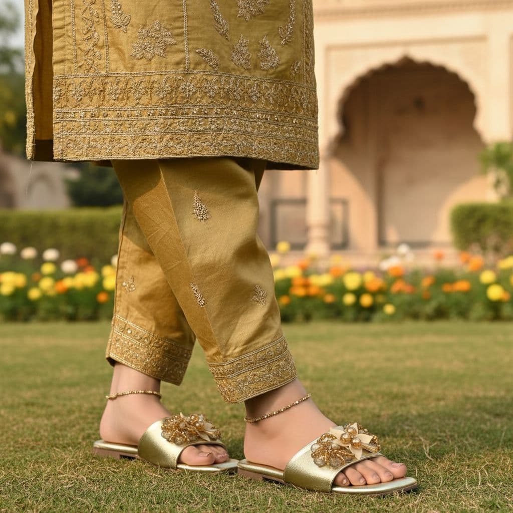 Formal slip-on Slippers with floral appliqué and a Flat Slipper.