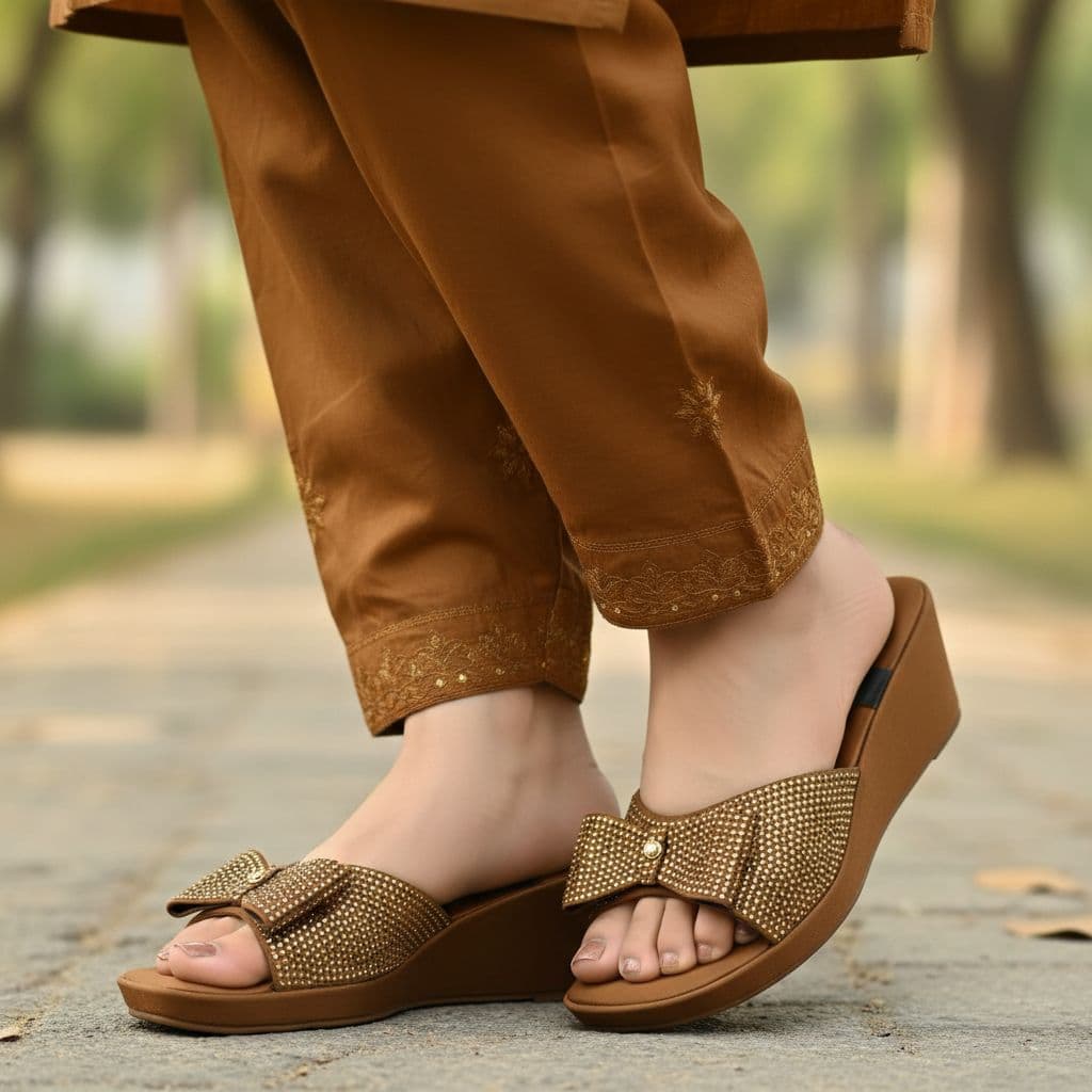 Wedge sandals featuring a bow with rhinestone embellishments.